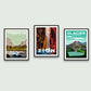 Three framed ParksPosters prints: Yosemite, Zion and Glacier