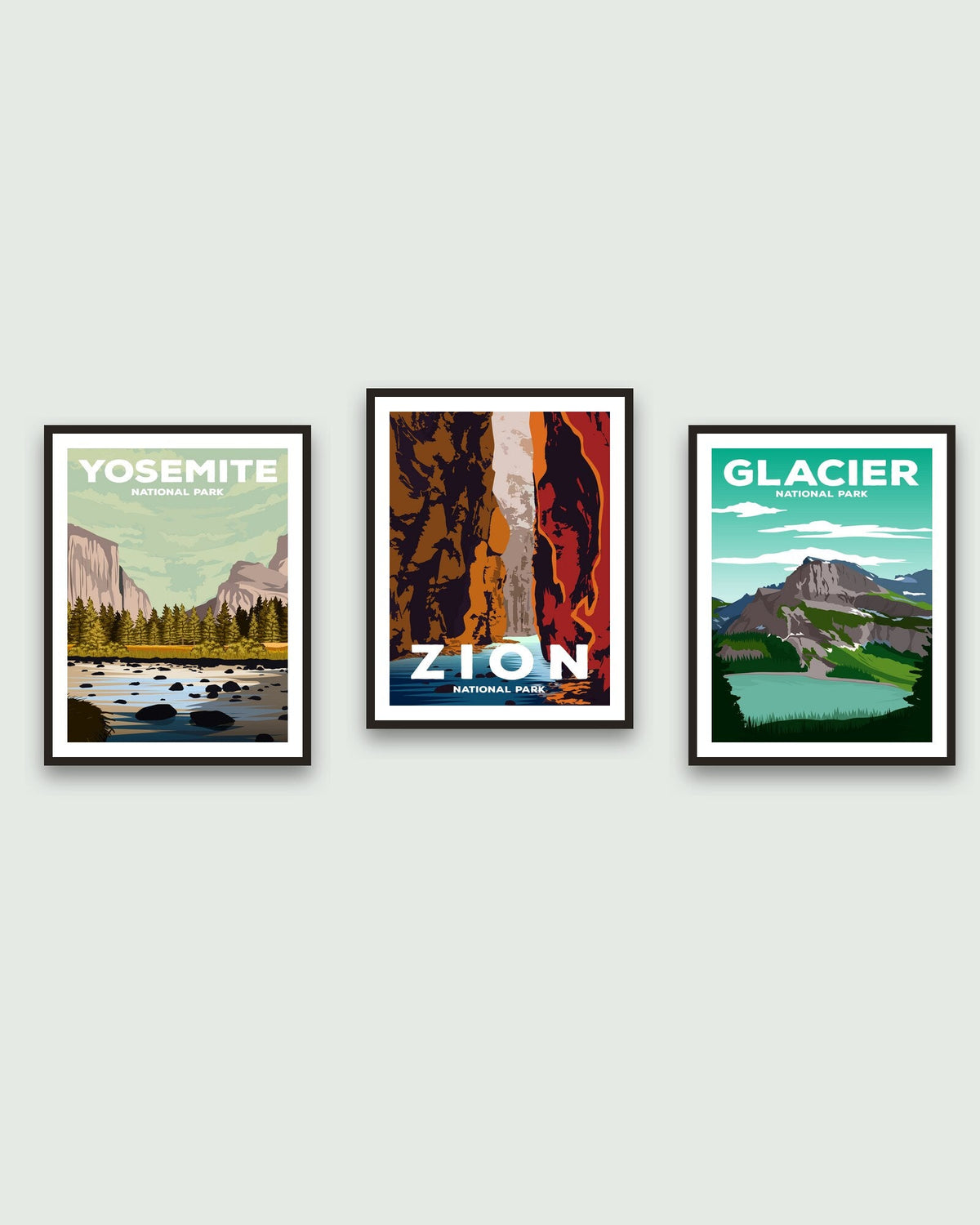 Three framed ParksPosters prints: Yosemite, Zion and Glacier