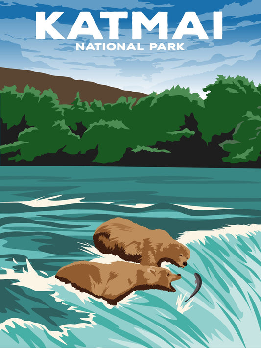 Katmai National Park Poster by ParksPosters, minimalist hand-drawn art